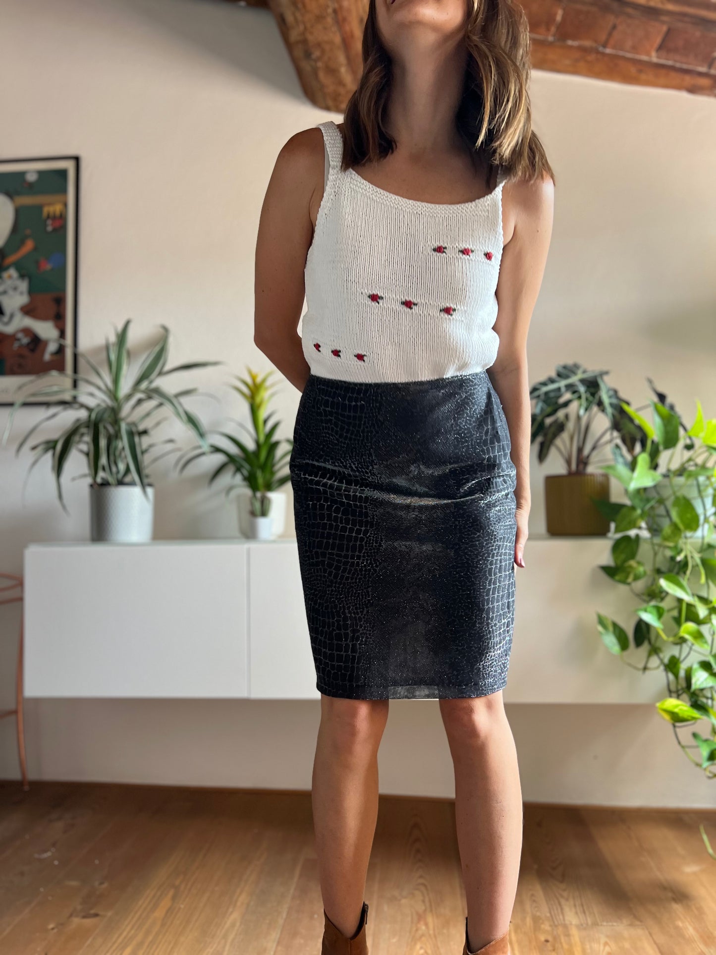 1970's vintage black and silver reptile print mini skirt