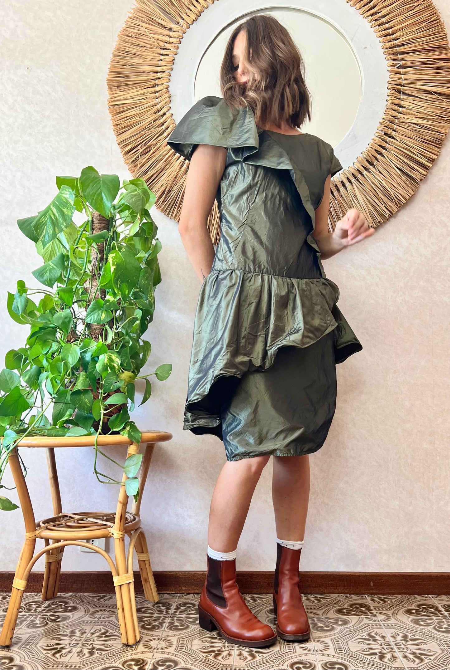 1980's vintage military green silk ruffle dress