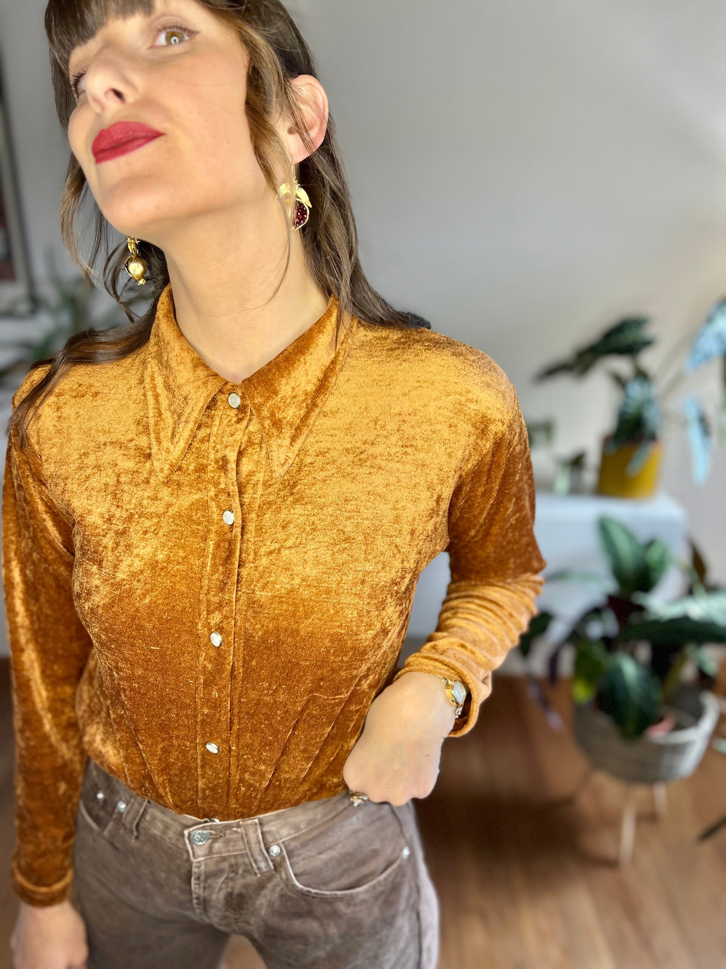 1970's vintage burnt orange velvet blouse with pearl snaps