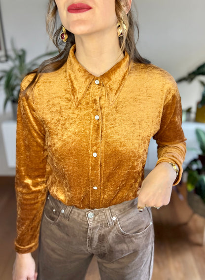 1970's vintage burnt orange velvet blouse with pearl snaps