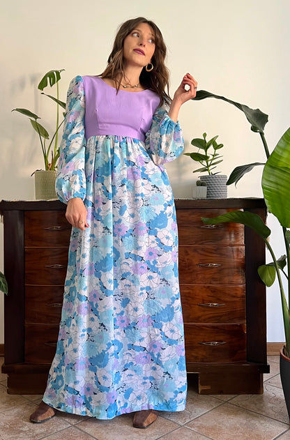 1970's vintage light blue and lilac floral print maxi dress
