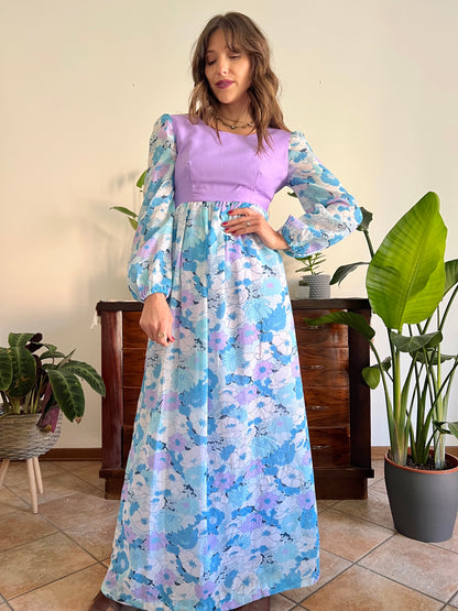 1970's vintage light blue and lilac floral print maxi dress