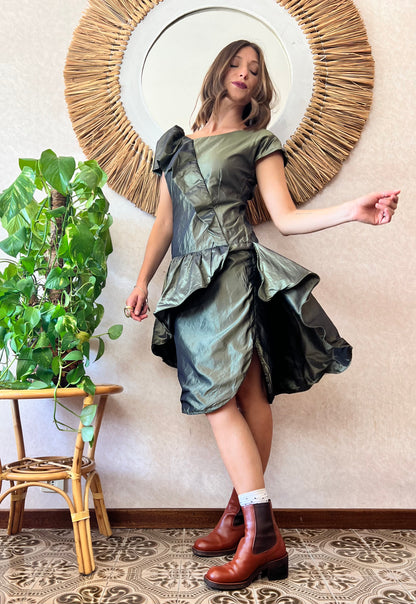 1980's vintage military green silk ruffle dress