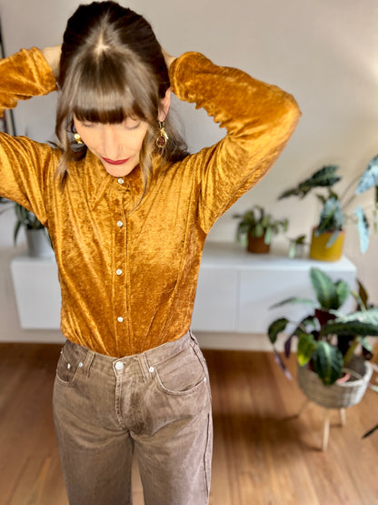 1970's vintage burnt orange velvet blouse with pearl snaps