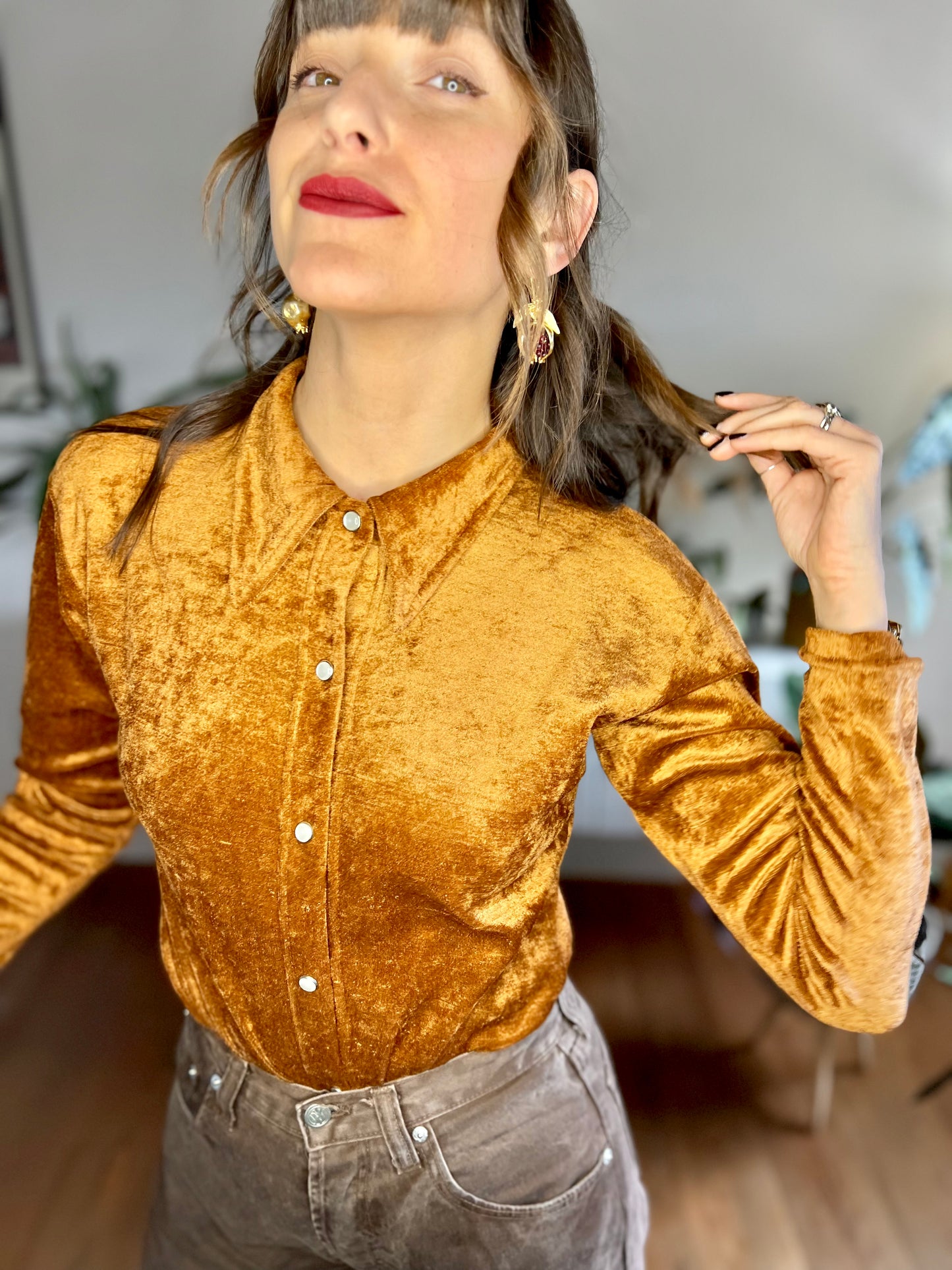 1970's vintage burnt orange velvet blouse with pearl snaps