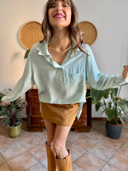 1970's vintage mint green silk blouse with mother of pearl buttons