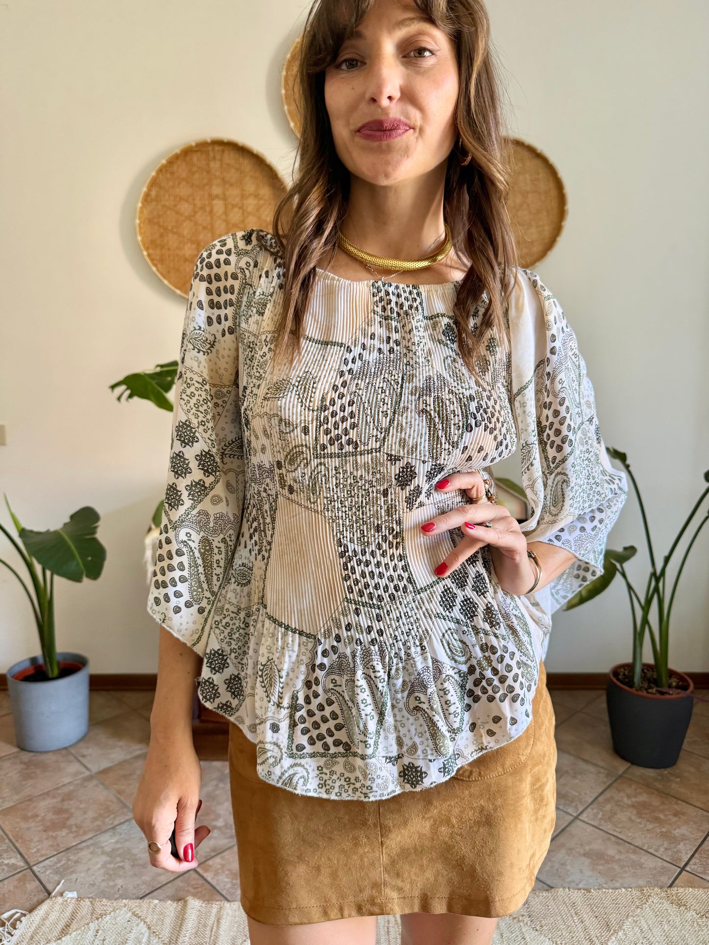 Y2k vintage belle sleeve sheer floral pleated blouse