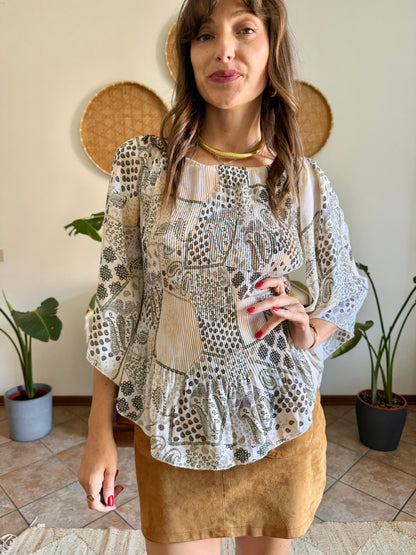 Y2k vintage belle sleeve sheer floral pleated blouse