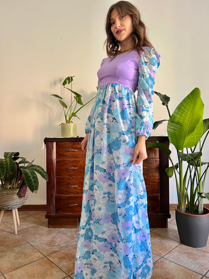 1970's vintage light blue and lilac floral print maxi dress
