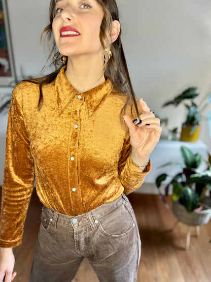 1970's vintage burnt orange velvet blouse with pearl snaps