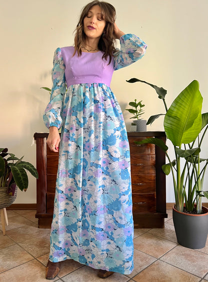 1970's vintage light blue and lilac floral print maxi dress