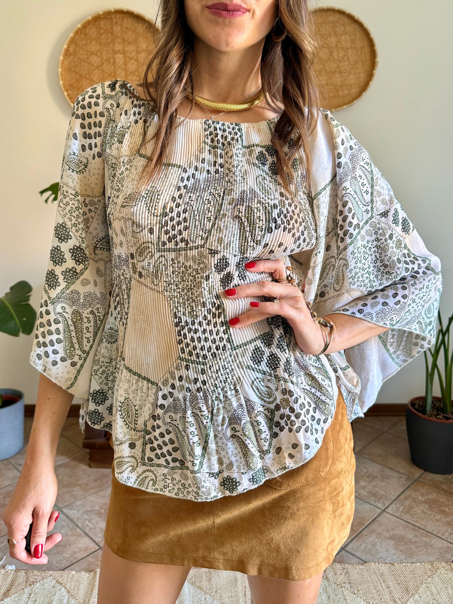 Y2k vintage belle sleeve sheer floral pleated blouse