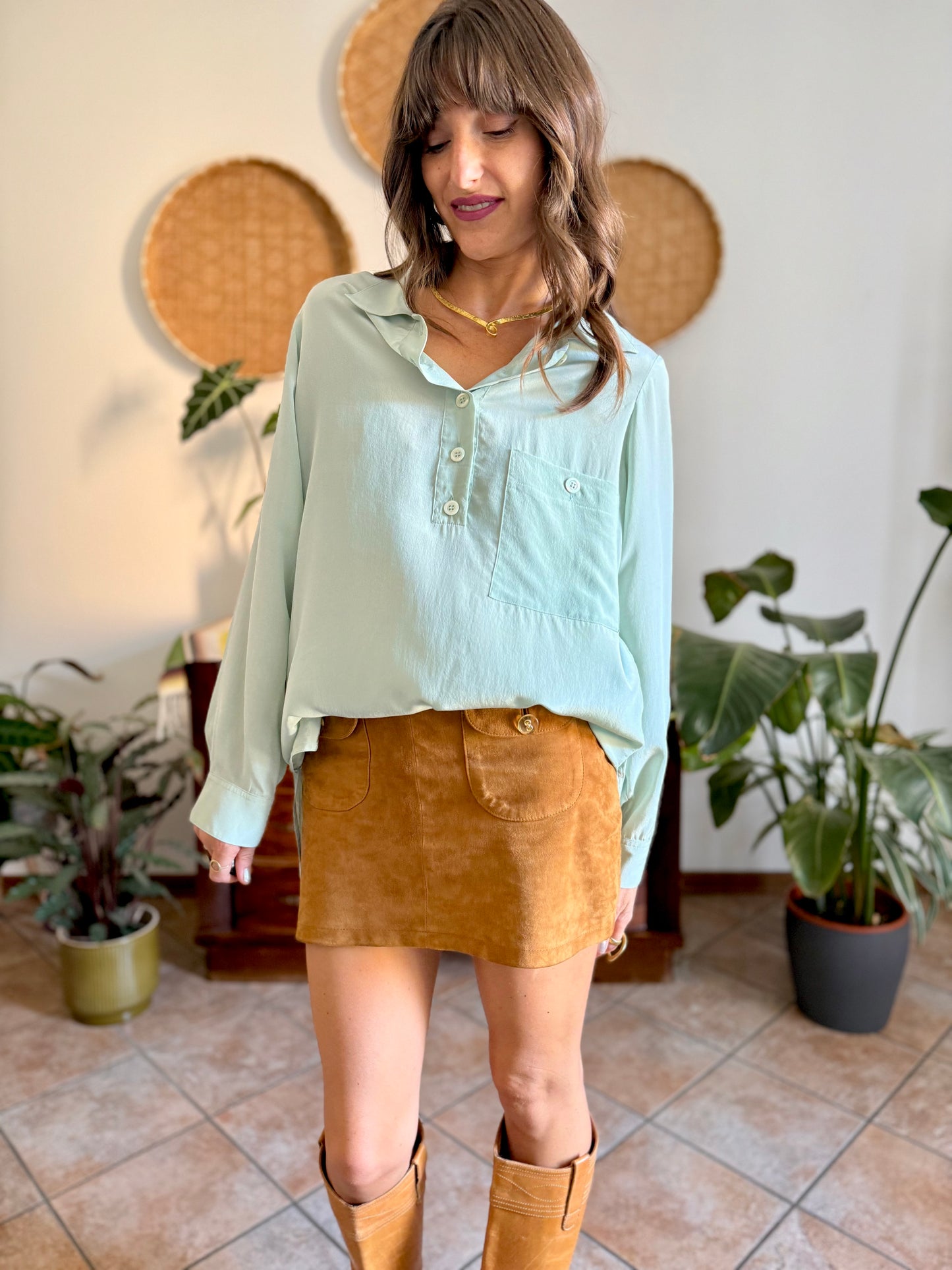 1970's vintage mint green silk blouse with mother of pearl buttons
