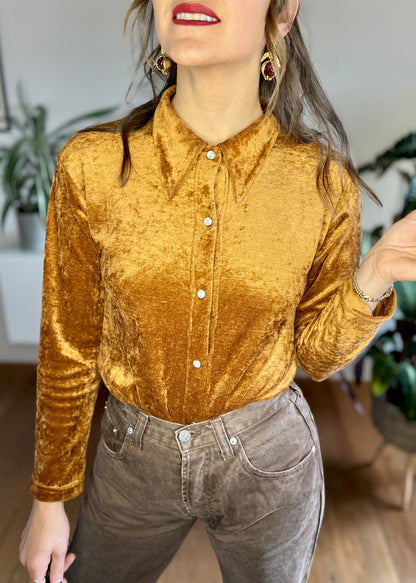 1970's vintage burnt orange velvet blouse with pearl snaps