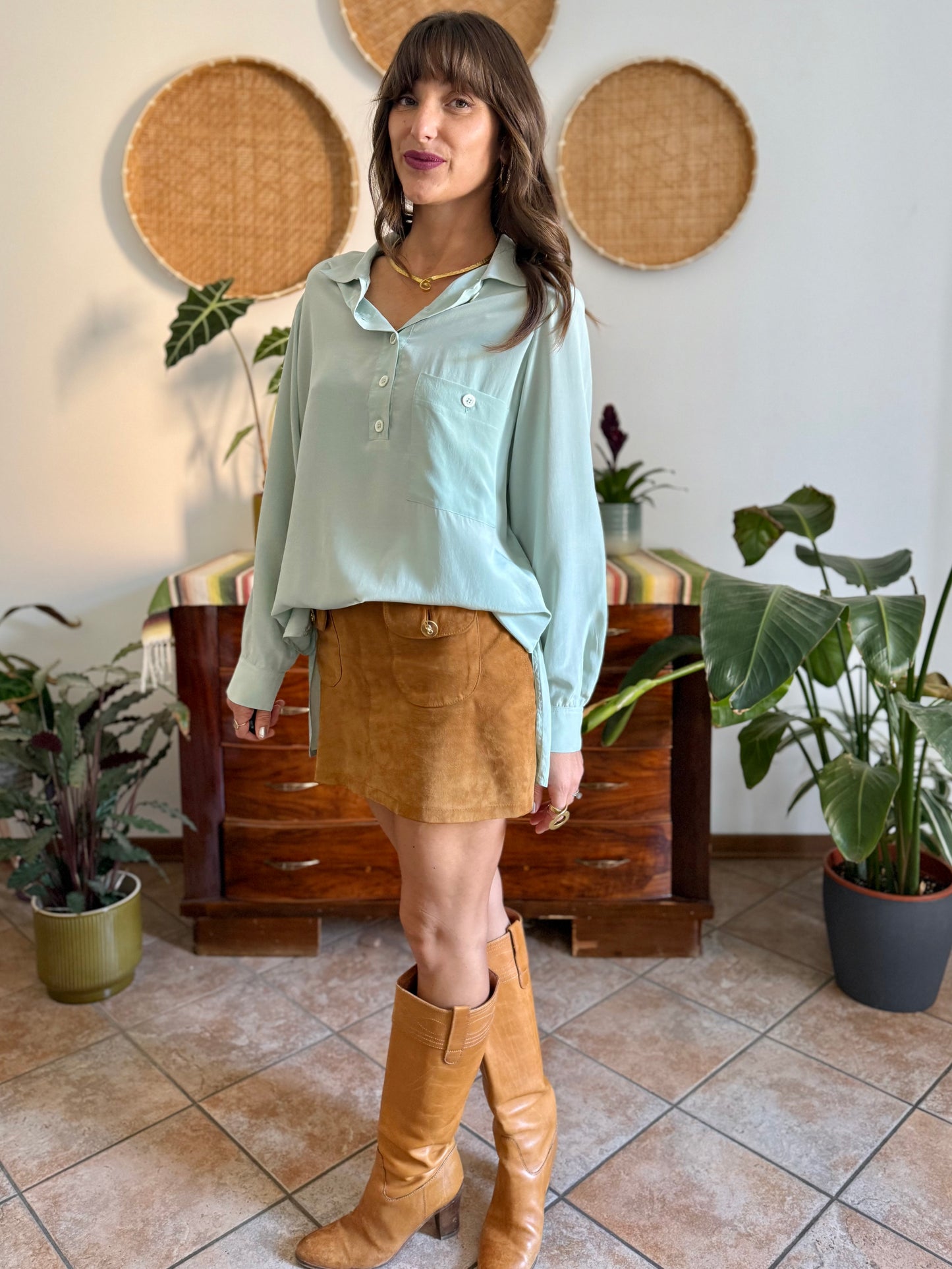 1970's vintage mint green silk blouse with mother of pearl buttons