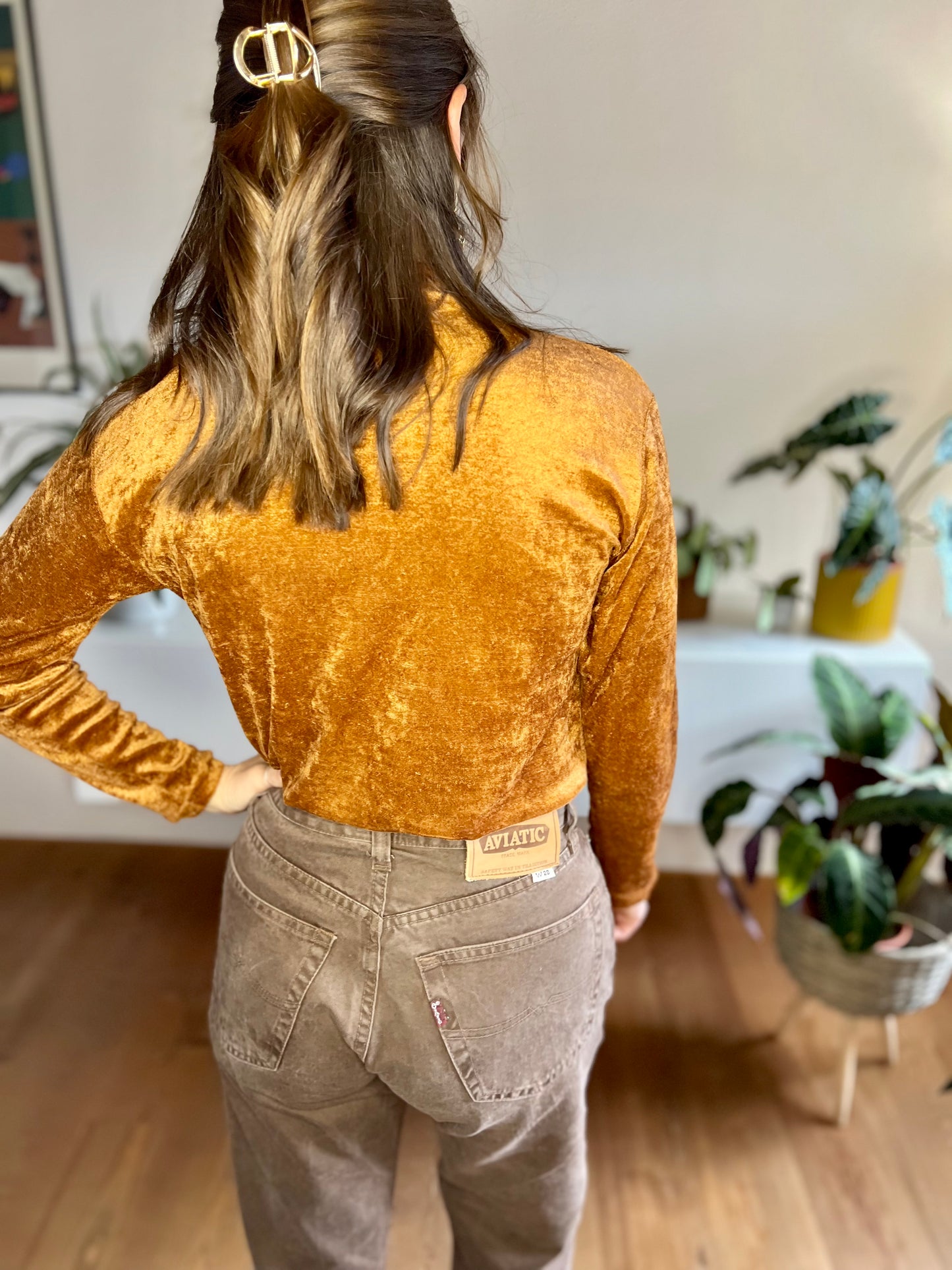 1970's vintage burnt orange velvet blouse with pearl snaps