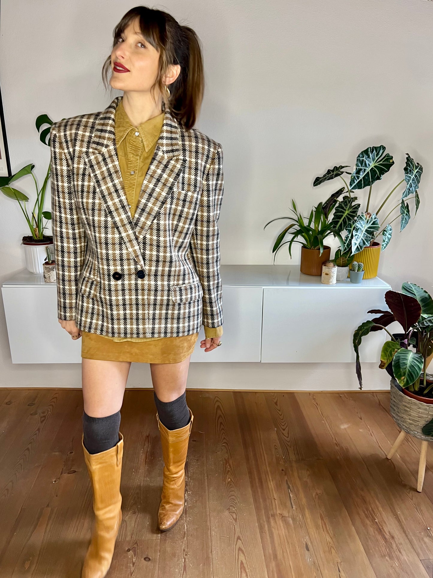 1970's vintage tan and black houndstooth wool blazer