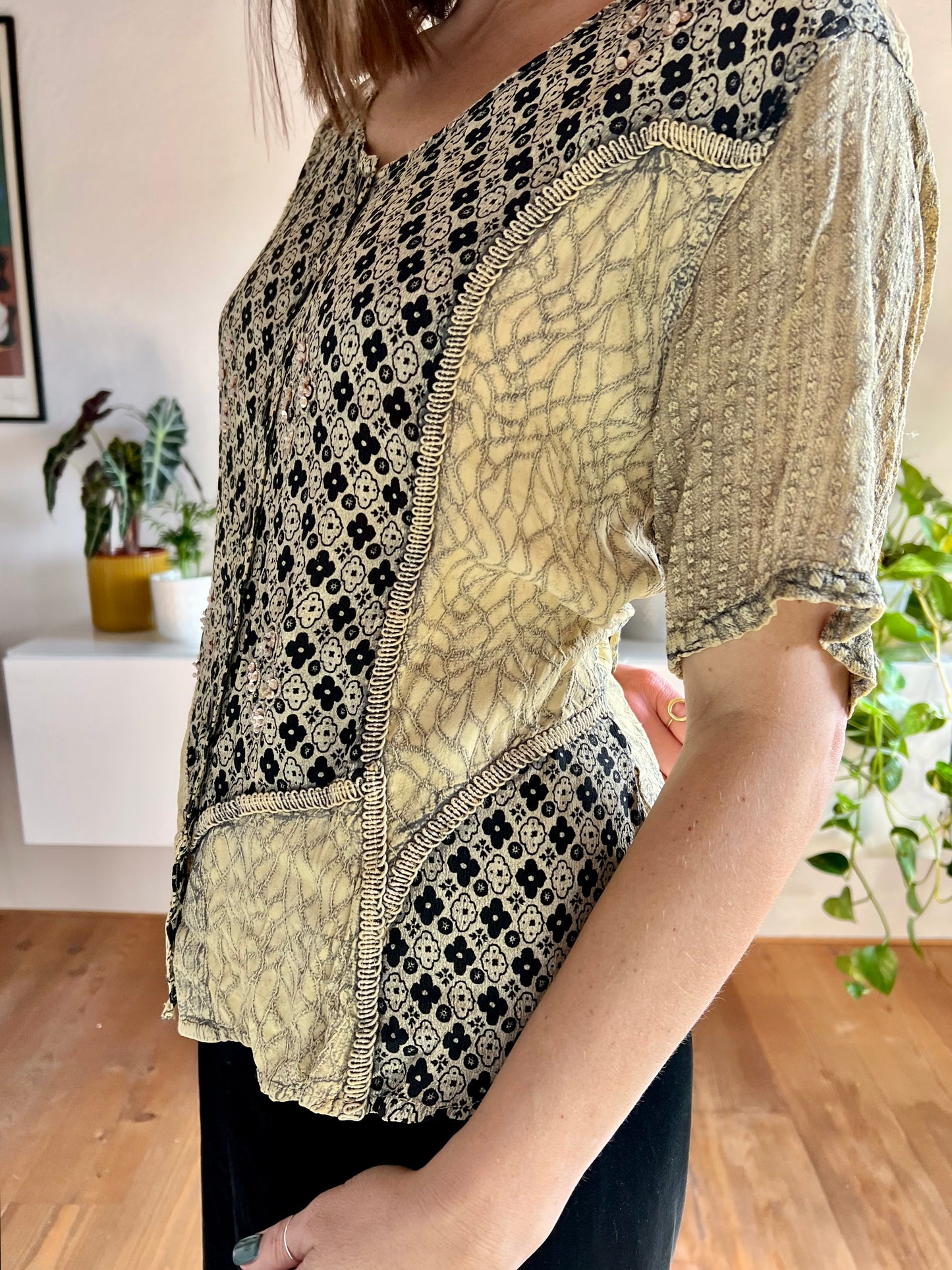 1990's vintage black and beige floral print blouse with sequin details