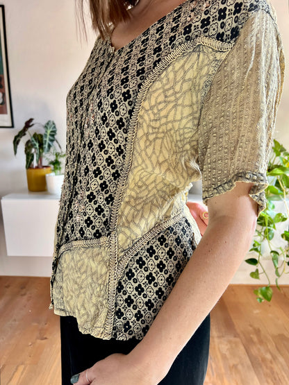 1990's vintage black and beige floral print blouse with sequin details