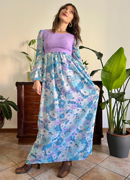 1970's vintage light blue and lilac floral print maxi dress