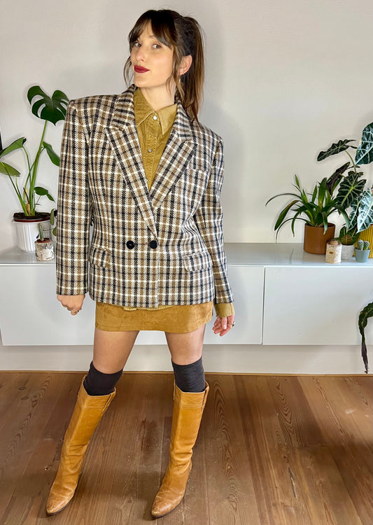 1970's vintage tan and black houndstooth wool blazer