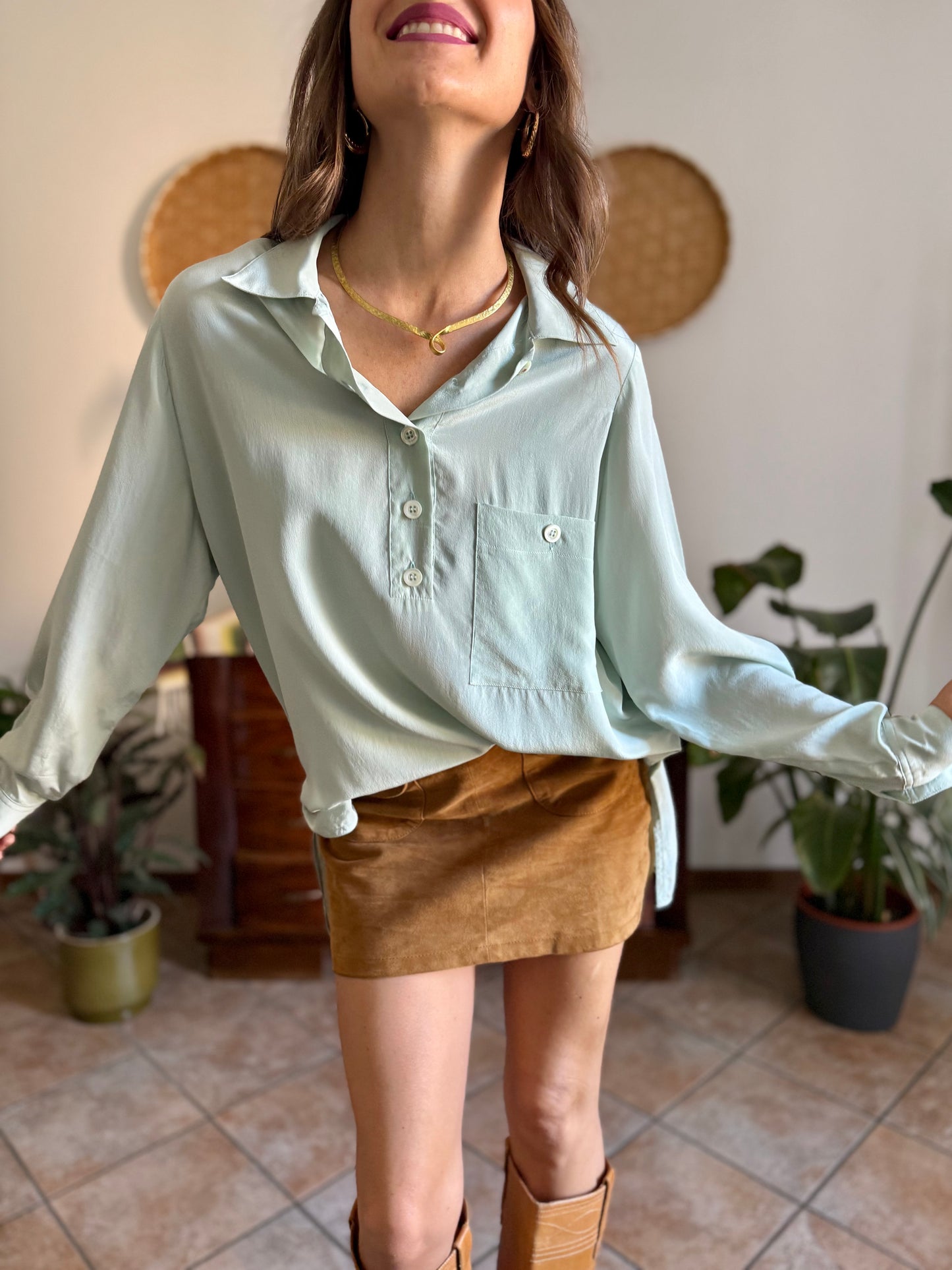 1970's vintage mint green silk blouse with mother of pearl buttons