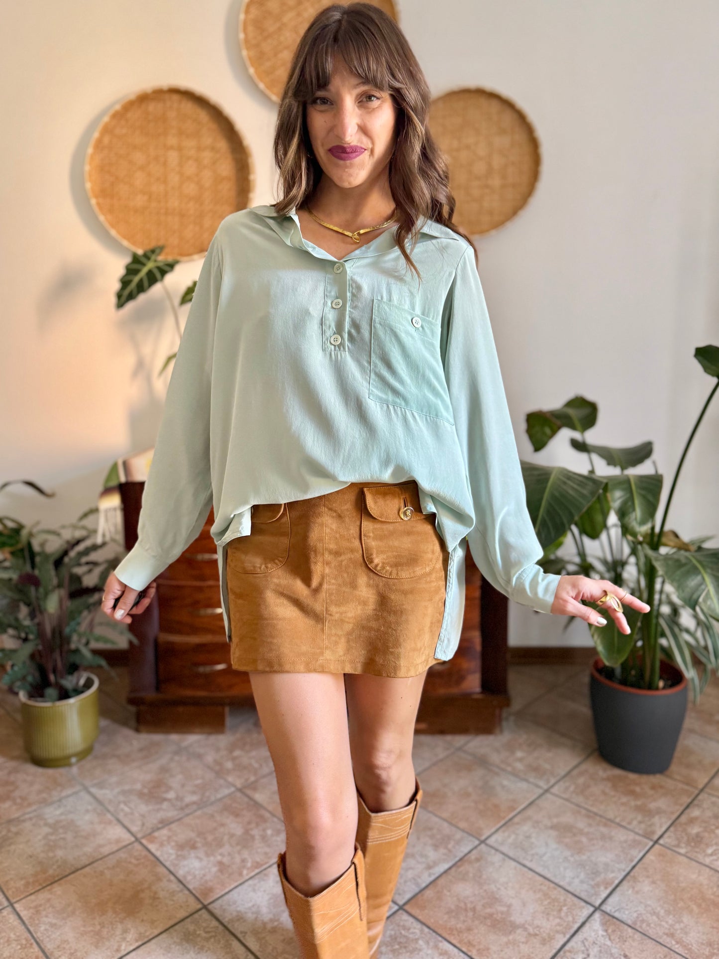 1970's vintage mint green silk blouse with mother of pearl buttons