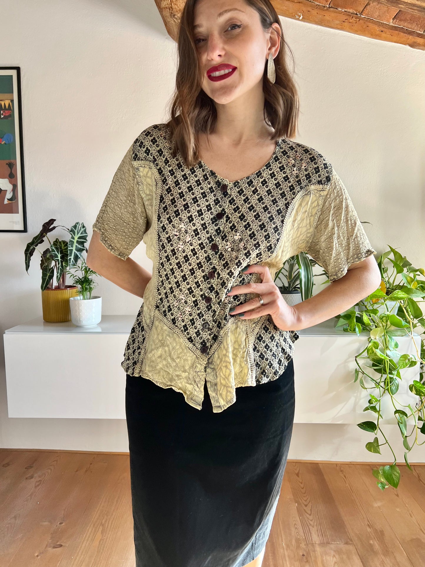 1990's vintage black and beige floral print blouse with sequin details