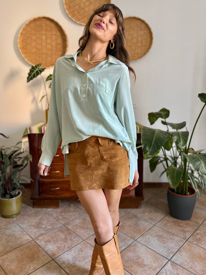 1970's vintage mint green silk blouse with mother of pearl buttons