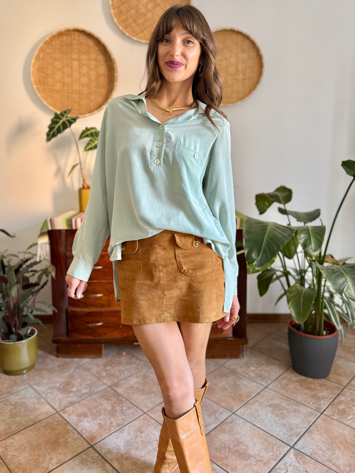 1970's vintage mint green silk blouse with mother of pearl buttons