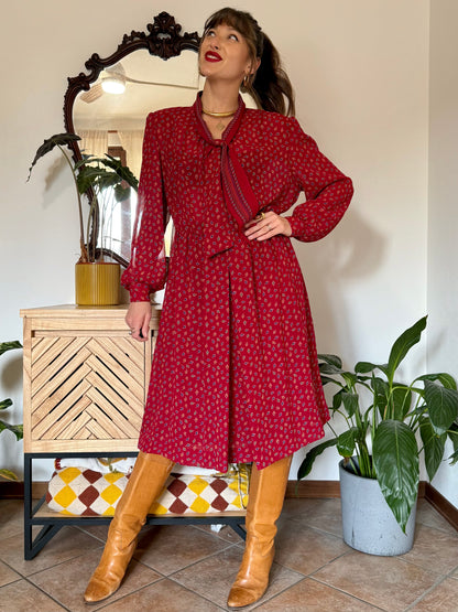 1970's vintage dark red bow tie dress with blue, green and orange leaf print midi dress