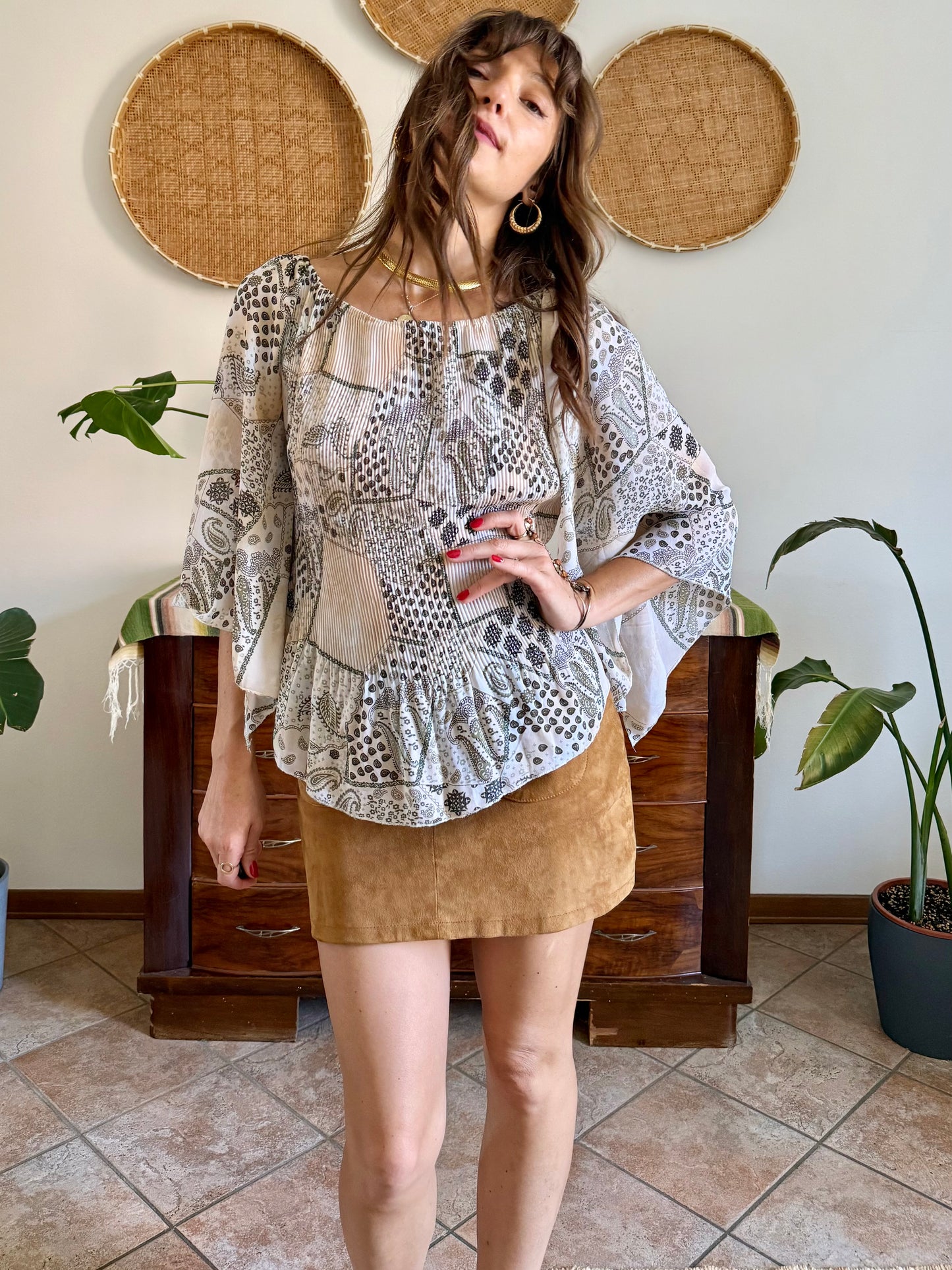 Y2k vintage belle sleeve sheer floral pleated blouse