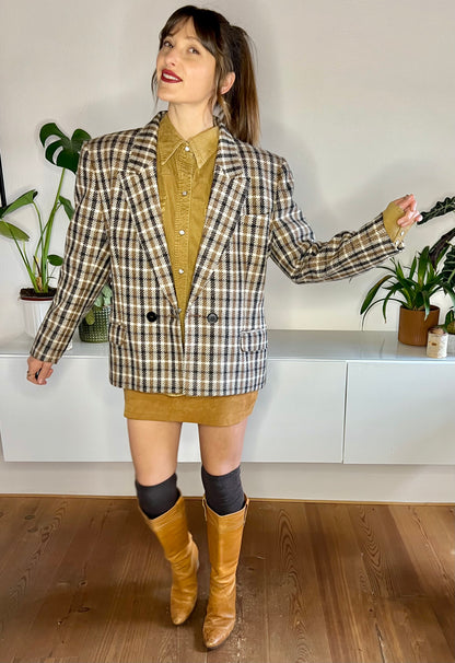 1970's vintage tan and black houndstooth wool blazer