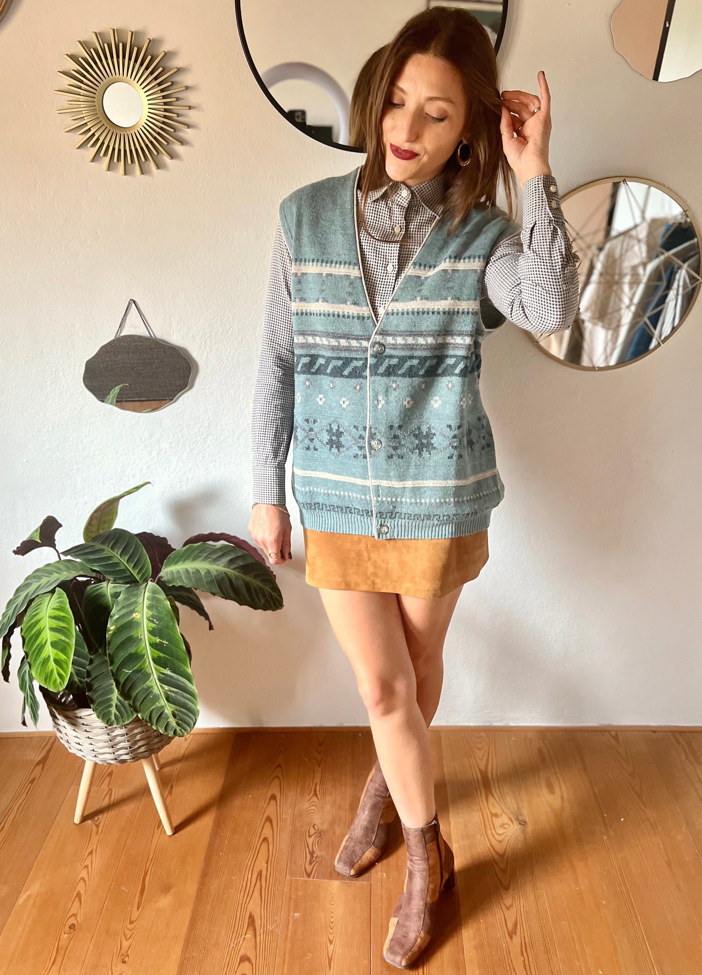 1970's vintage blue and grey geometric knit wool sweater vest