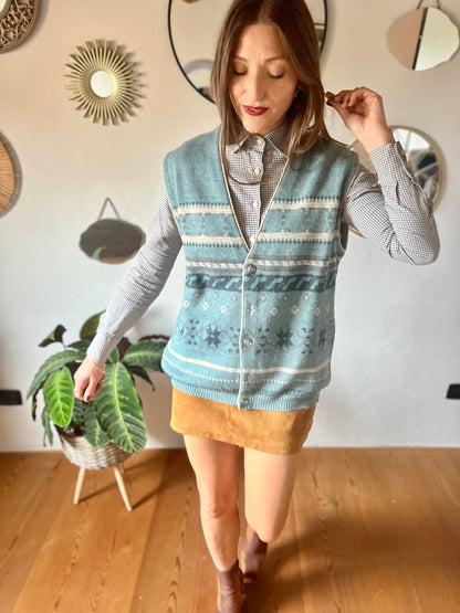 1970's vintage blue and grey geometric knit wool sweater vest