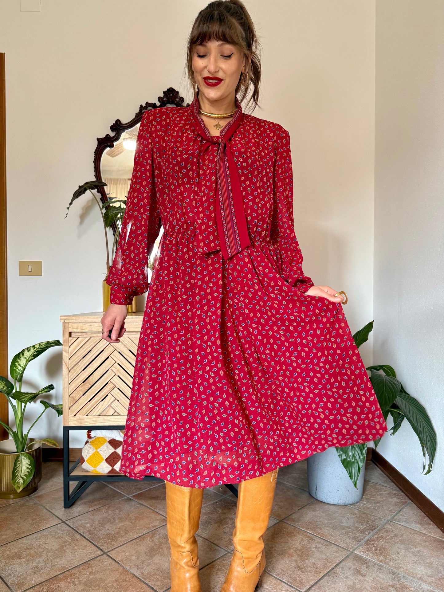 1970's vintage dark red bow tie dress with blue, green and orange leaf print midi dress