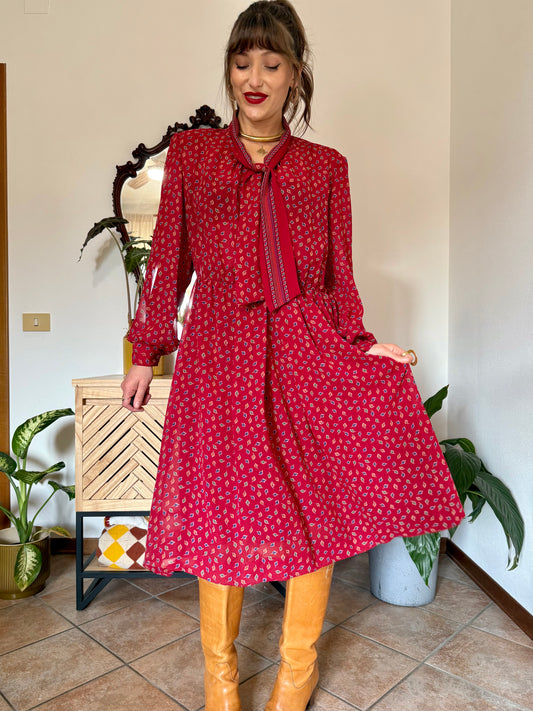 1970's vintage dark red bow tie dress with blue, green and orange leaf print midi dress