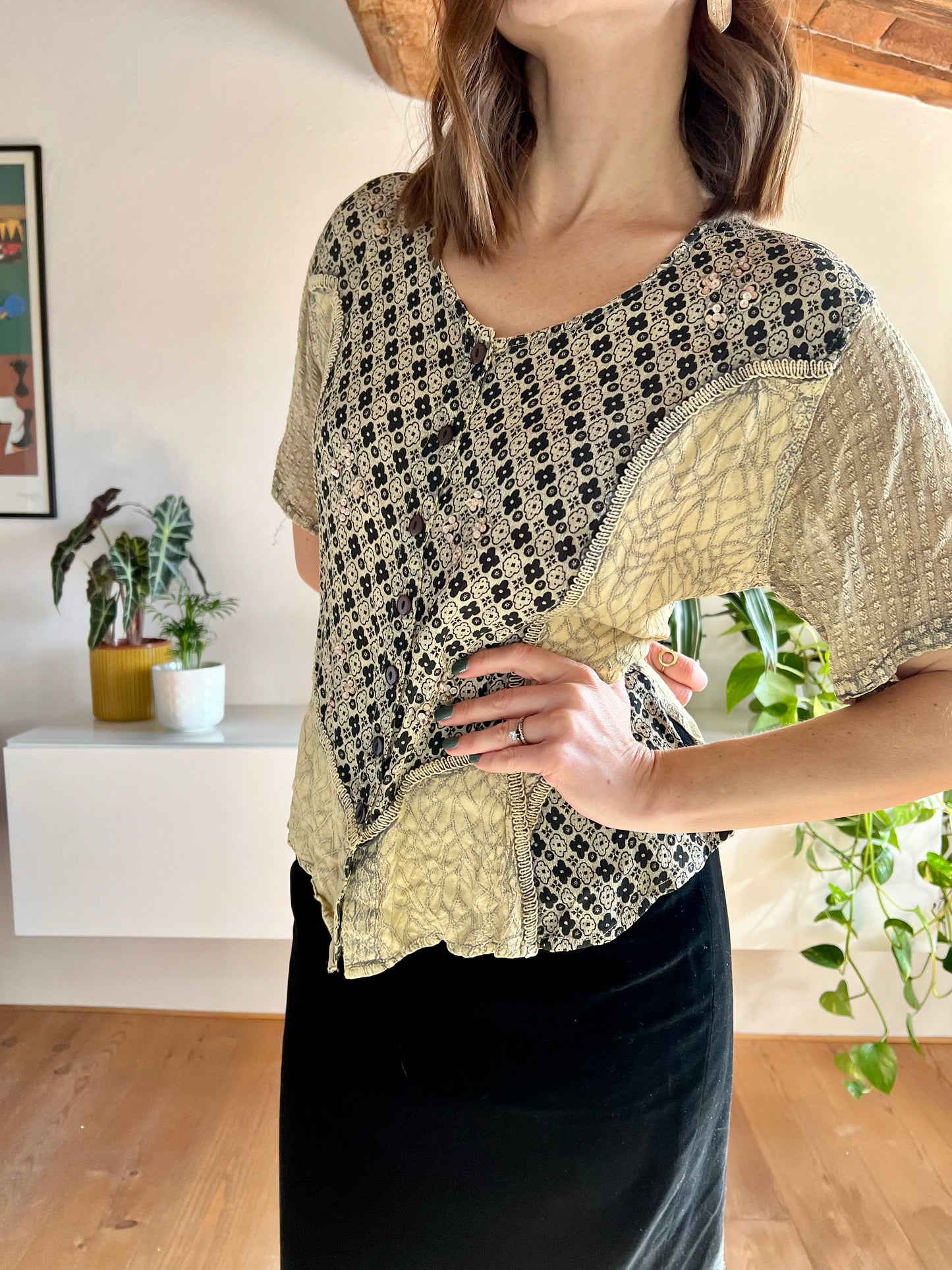 1990's vintage black and beige floral print blouse with sequin details