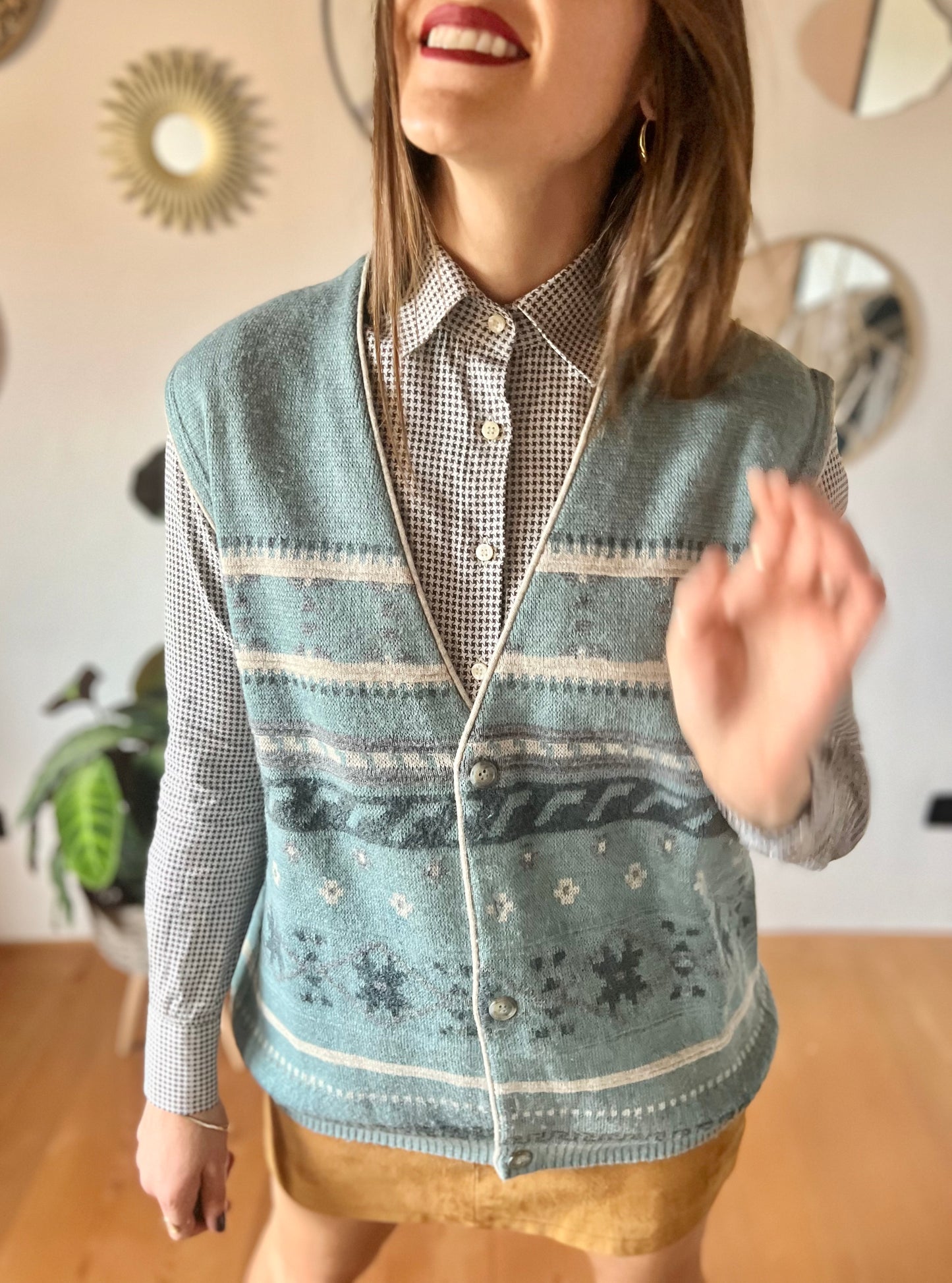 1970's vintage blue and grey geometric knit wool sweater vest