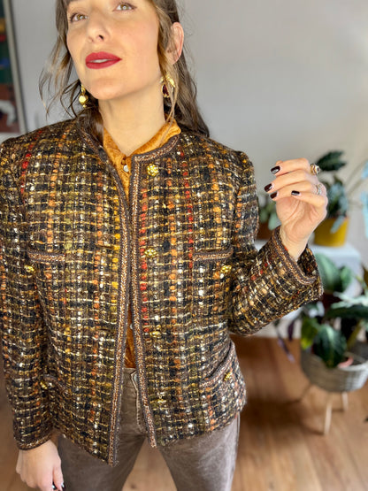 1970's vintage brown, orange and red boucle wool with brass flower buttons