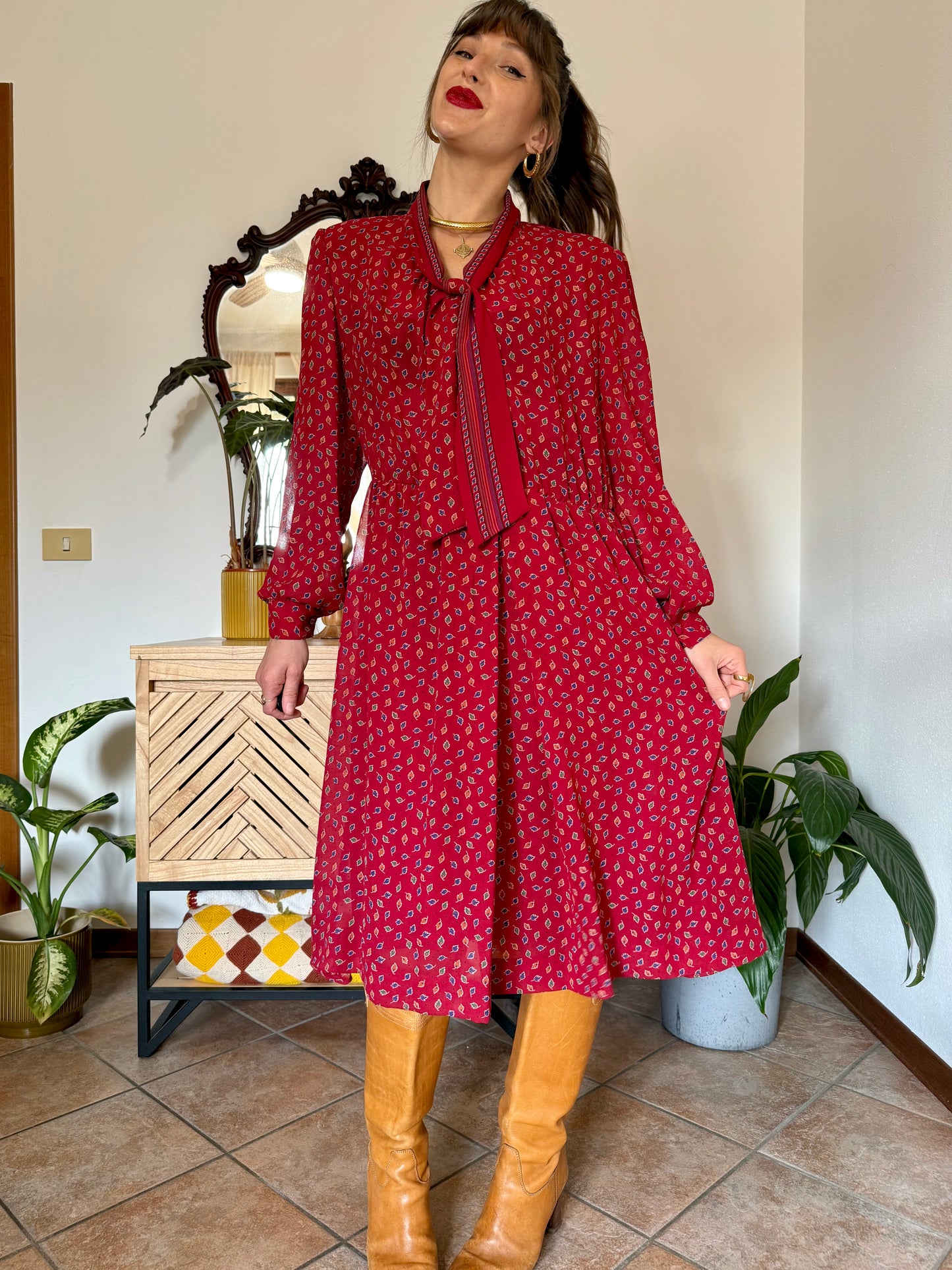 1970's vintage dark red bow tie dress with blue, green and orange leaf print midi dress