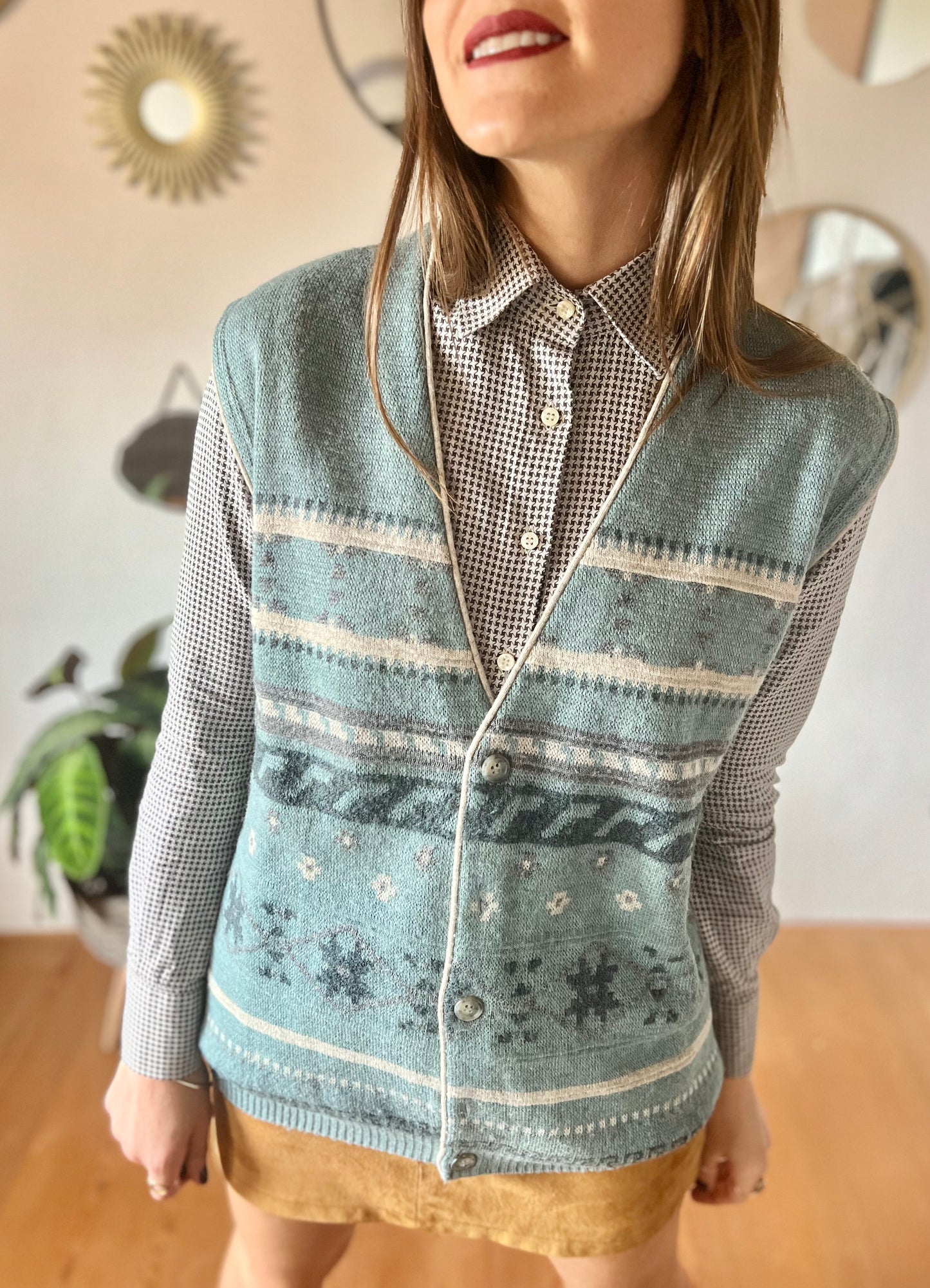 1970's vintage blue and grey geometric knit wool sweater vest