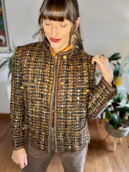 1970's vintage brown, orange and red boucle wool with brass flower buttons