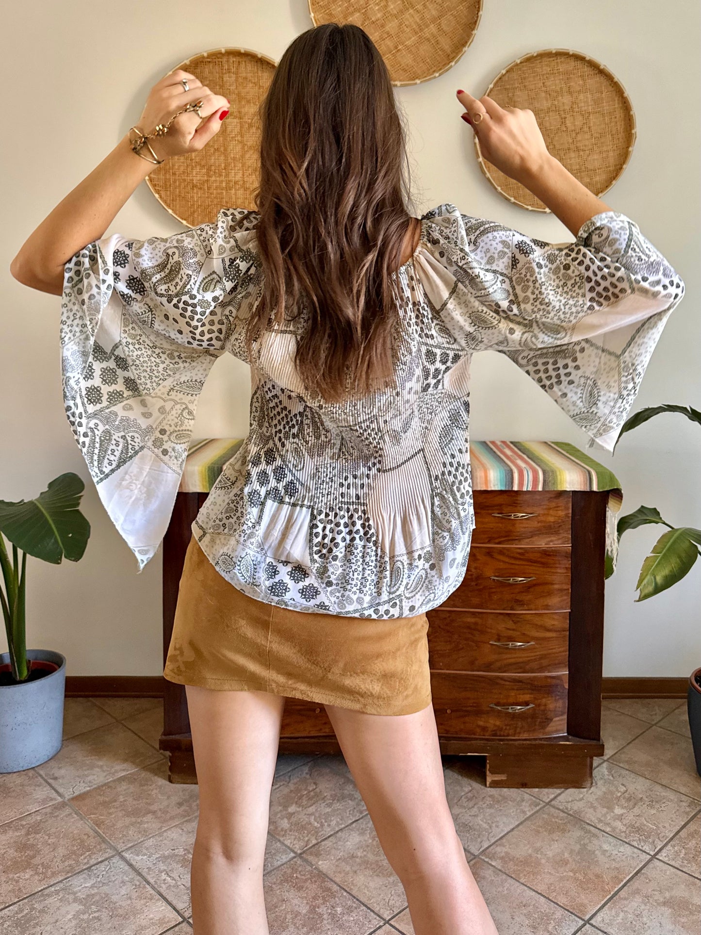 Y2k vintage belle sleeve sheer floral pleated blouse