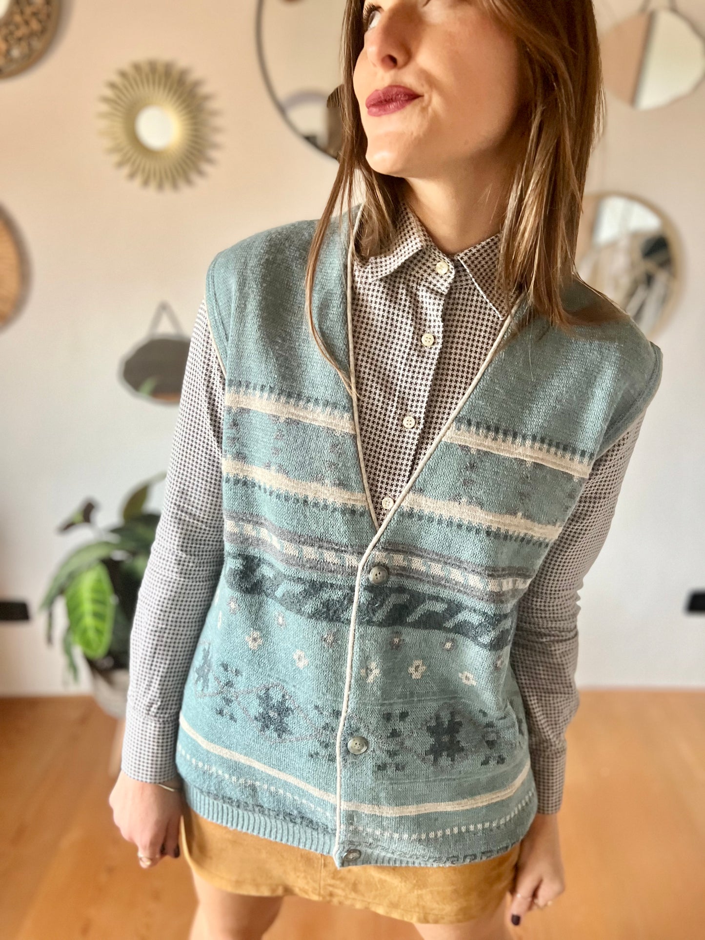 1970's vintage blue and grey geometric knit wool sweater vest