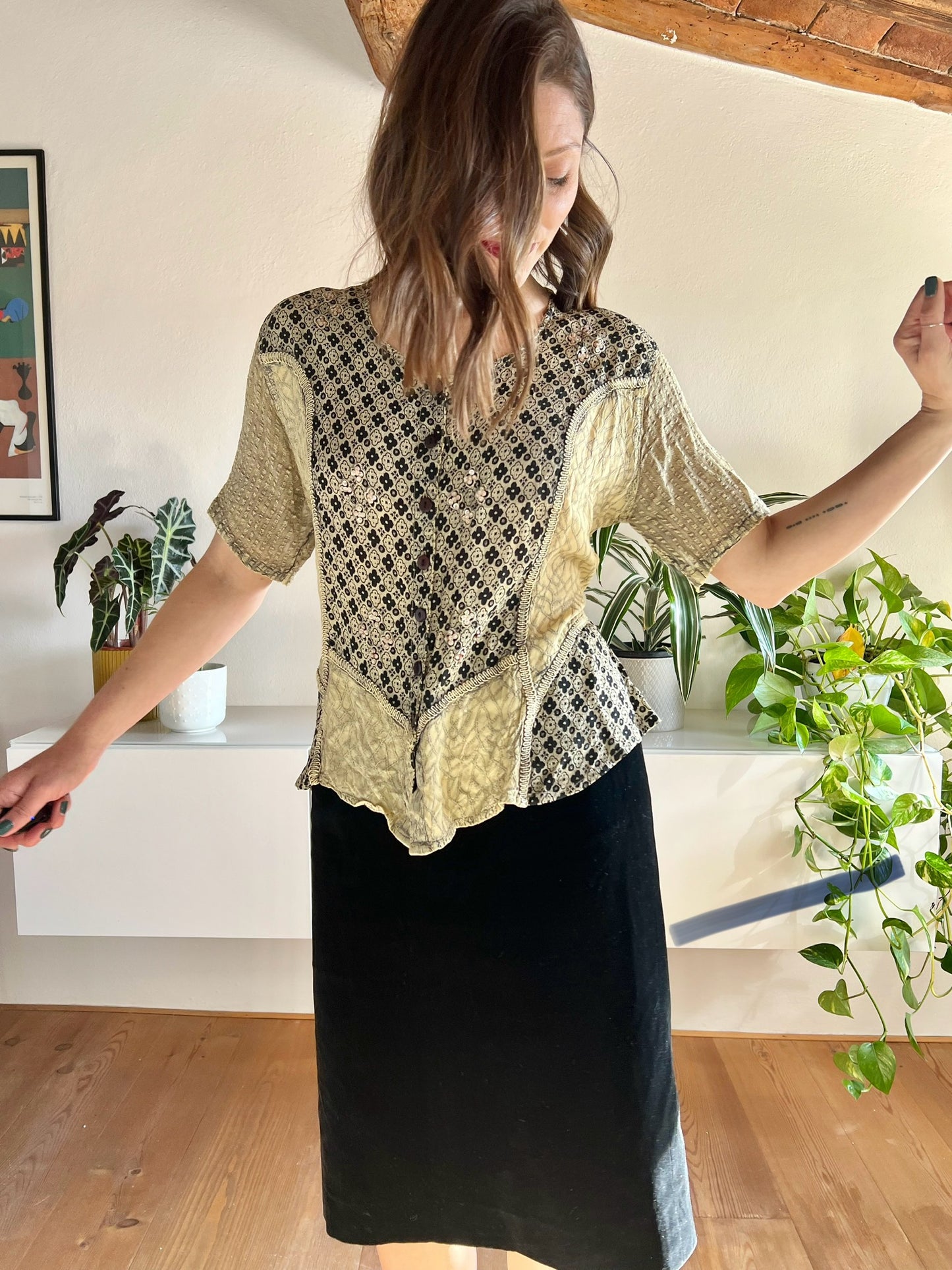 1990's vintage black and beige floral print blouse with sequin details