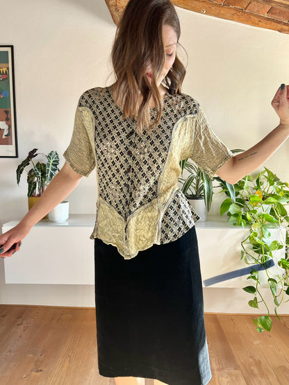 1990's vintage black and beige floral print blouse with sequin details