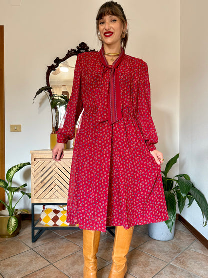 1970's vintage dark red bow tie dress with blue, green and orange leaf print midi dress