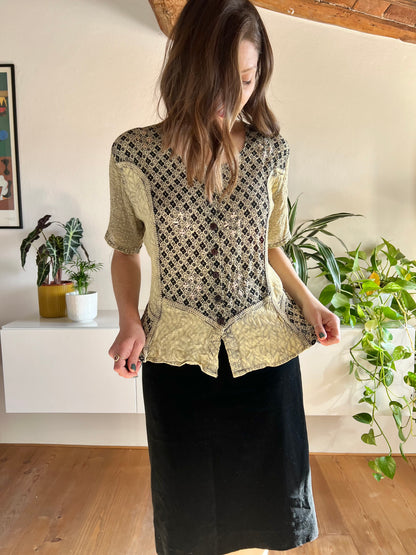 1990's vintage black and beige floral print blouse with sequin details