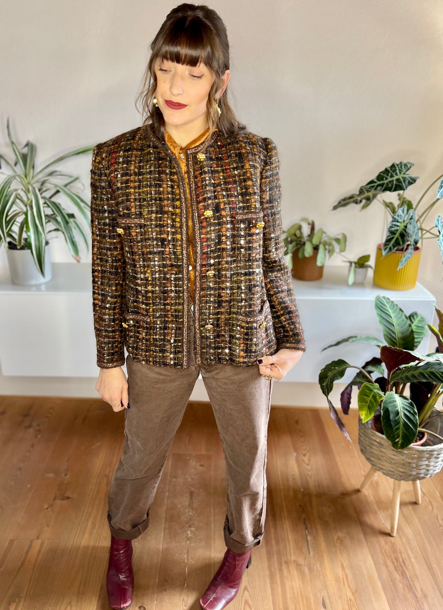 1970's vintage brown, orange and red boucle wool with brass flower buttons